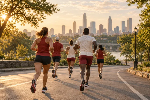 Adult runners on a park road near a city at sunrise.
