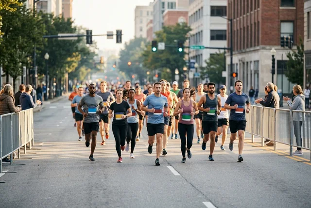 Illustrative early-morning city 10K with runners on a broad downtown avenue.