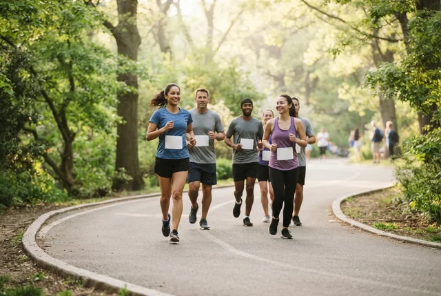 Illustrative community 5K runners on a leafy park path in spring morning light.