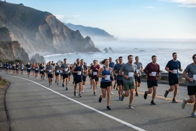 Illustrative half-marathon runners on a coastal road with sea cliffs and open water.