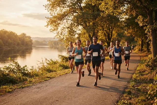Illustrative distance runners on a warm riverside greenway beside calm water.