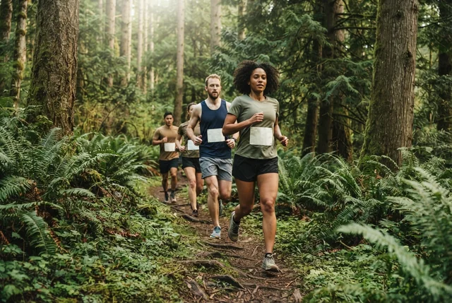 Illustrative trail runners moving through a fern-lined woodland singletrack.