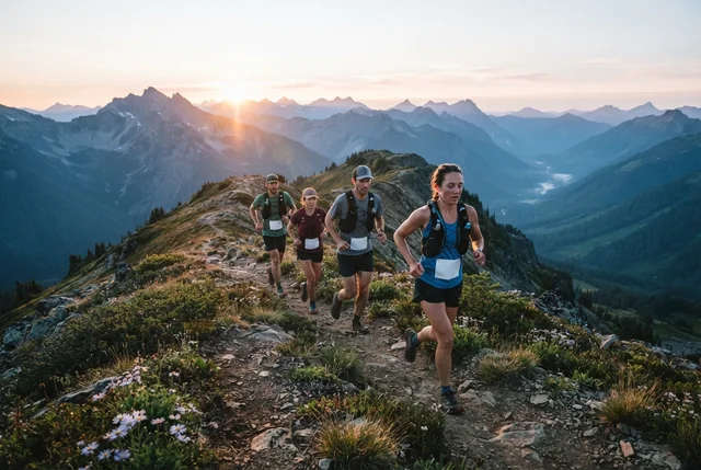Illustrative mountain trail runners crossing an open alpine path at sunrise.