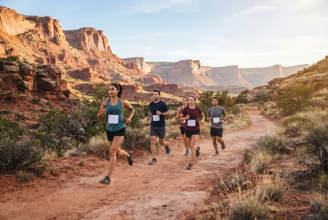 Illustrative trail runners crossing a desert path among red rocks and low shrubs.