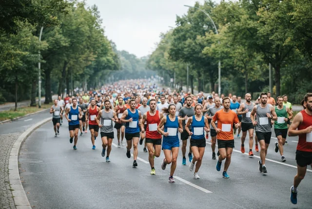Illustrative road-marathon field moving along a broad tree-lined avenue.