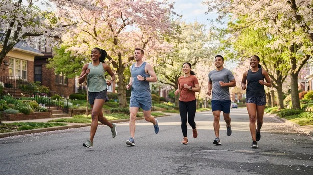 Illustrative recreational runners on a spring neighborhood road.