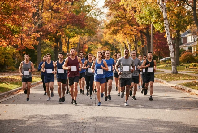 Illustrative autumn city race on an avenue framed by amber and red foliage.