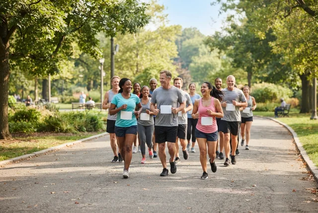 Illustrative community charity run with adults of varied ages in a leafy park.