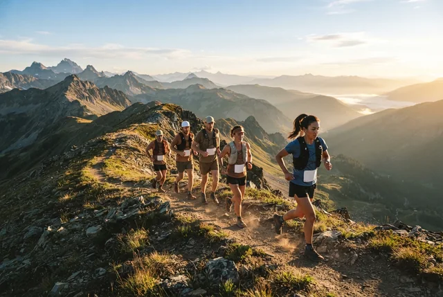 Illustrative ultrarunners with hydration packs on a remote ridge trail at sunrise.