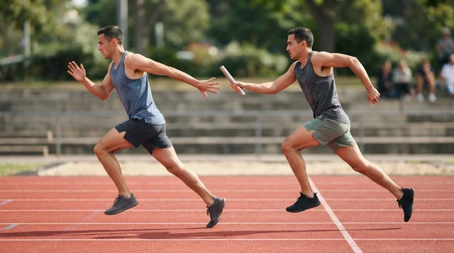 Illustrative relay runners wearing shoes while exchanging a baton on an outdoor track.