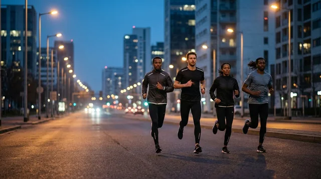 Illustrative group of runners moving along a city avenue at blue hour.