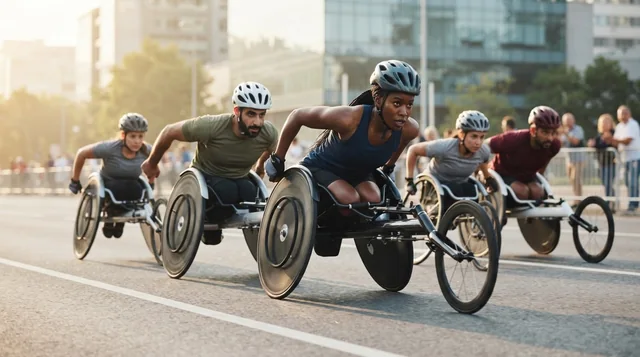 Illustrative wheelchair racers moving along a broad closed city road.