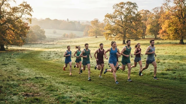 Illustrative cross-country runners crossing a wide grass course.