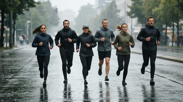 Illustrative road runners moving across wet asphalt in light rain.