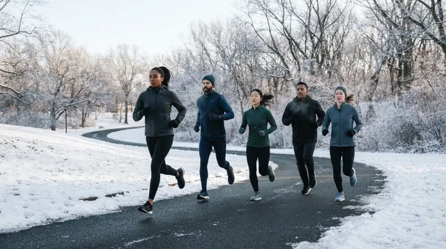 Illustrative runners on a plowed winter parkway bordered by snow.