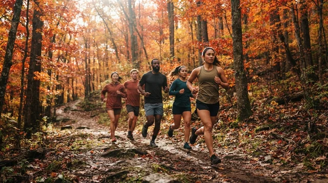 Illustrative trail runners beneath vivid autumn foliage.
