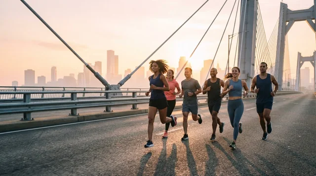 Illustrative runners crossing a modern urban bridge at sunrise.