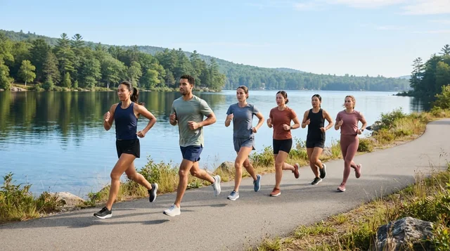 Illustrative distance runners following a calm lakeside path.