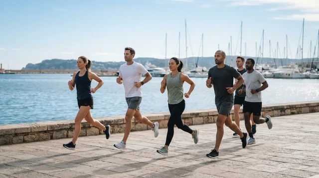 Illustrative runners on a broad harbor promenade beside sailboats.