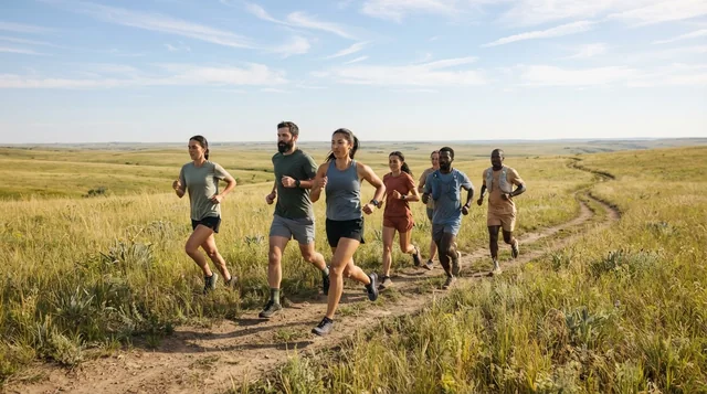 Illustrative trail runners crossing a golden prairie path.