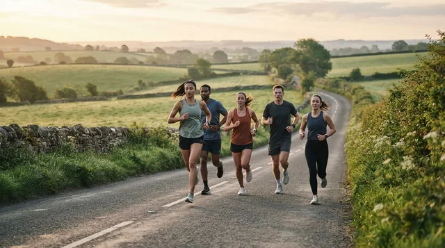 Illustrative road runners cresting a rolling country road.