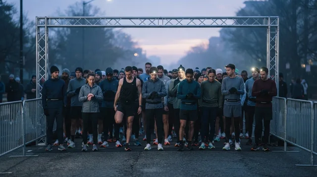 Illustrative runners gathering at a plain unbranded race start area.