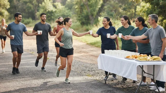 Illustrative unbranded race aid station with water, fruit and volunteers.