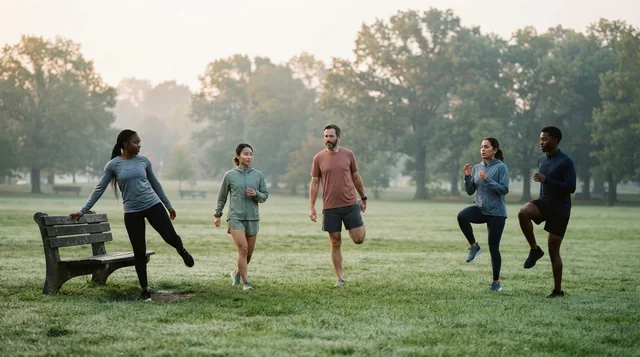Illustrative runners warming up in an open park at dawn.