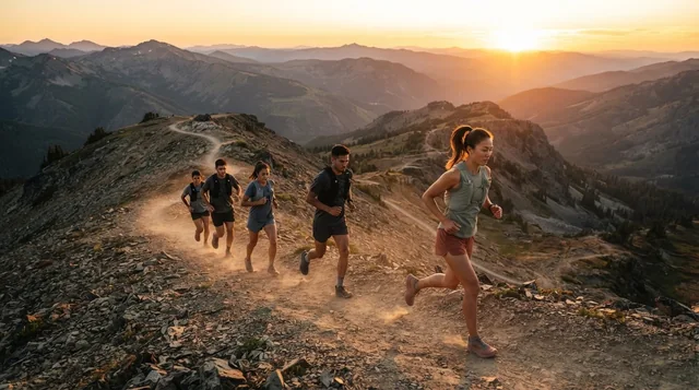 Illustrative trail runners descending a mountain switchback at sunset.