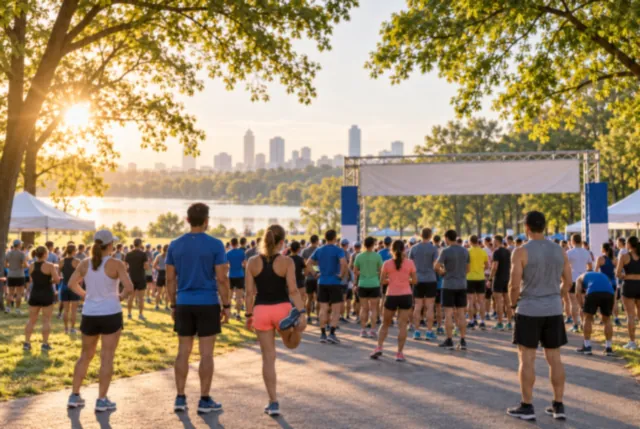 Illustrative view of community runners gathering beneath leafy park trees in early light.