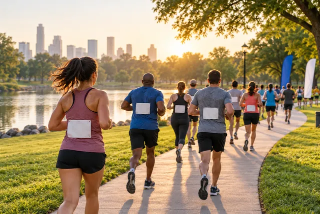 Illustrative view of runners moving along a curving park path between green lawns.