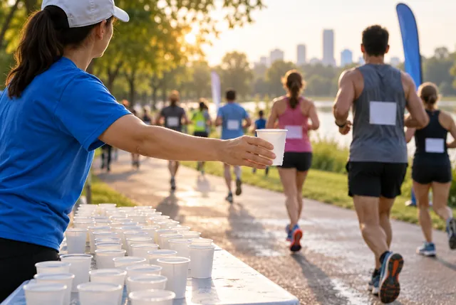 Illustrative view of a volunteer offering plain water cups beside a park trail.