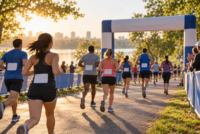 Illustrative view of community runners nearing a simple unbranded park finish arch.