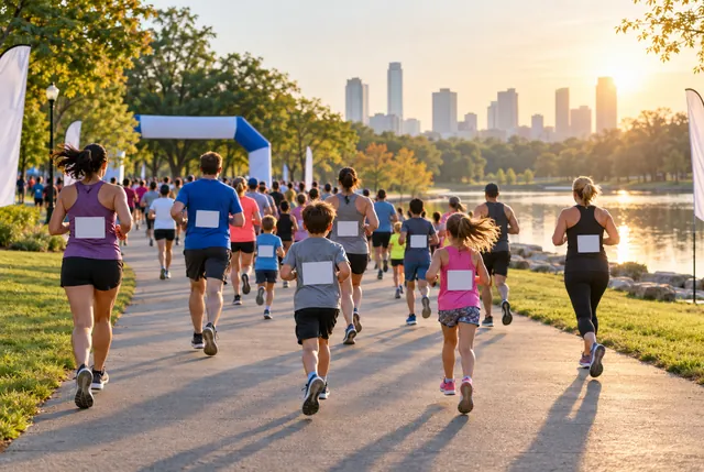 Illustrative view of adults and children jogging together on a broad park path.