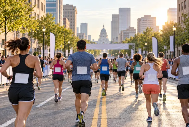 Illustrative view of runners on a broad downtown avenue lined with generic buildings.