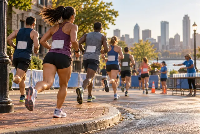 Illustrative view of runners rounding a city street corner with distant volunteers.