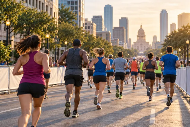 Illustrative view of runners from behind between plain barriers on a downtown avenue.