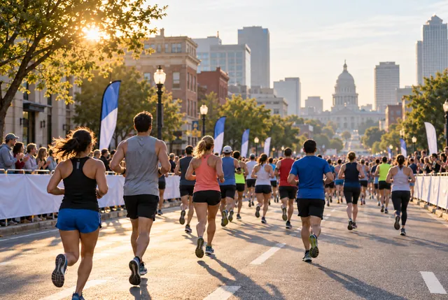 Illustrative view of small distant spectators watching runners pass through a city street.