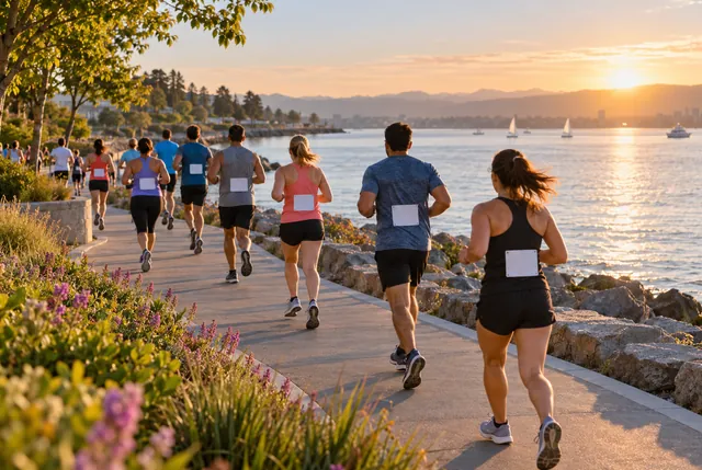 Illustrative view of runners following a waterfront path beside calm open water.