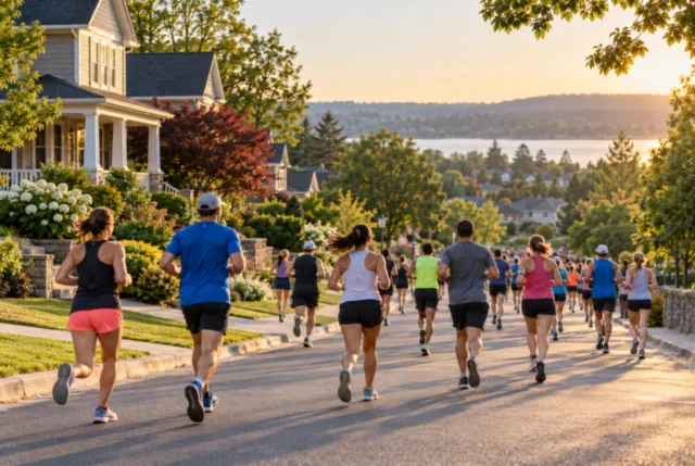 Illustrative view of runners passing traditional homes along a residential route.
