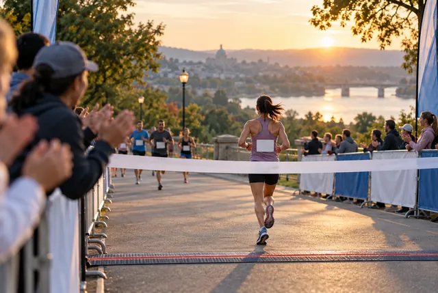 Illustrative view of a distant runner approaching plain finish tape with no numbers.