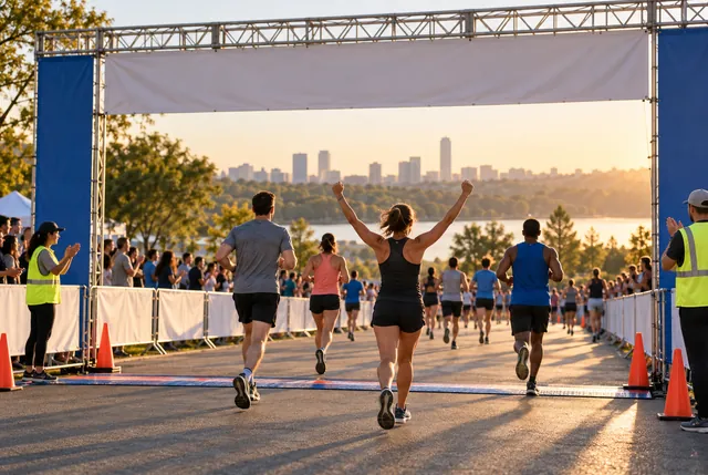 Illustrative view of runners and volunteers crossing a broad unbranded finish area.