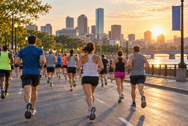 Illustrative view of runners moving through generic city streets at first light.