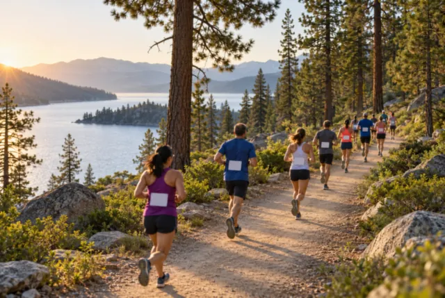 Illustrative view of distant runners on a winding dirt path through shaded pines.