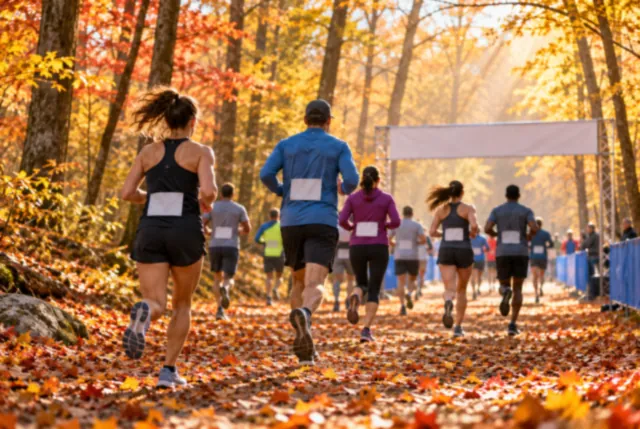 Illustrative view of runners crossing autumn leaves beneath tall woodland trees.