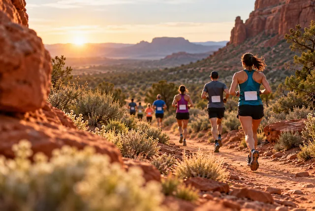 Illustrative view of tiny runners on a desert path framed by red rock and scrub.