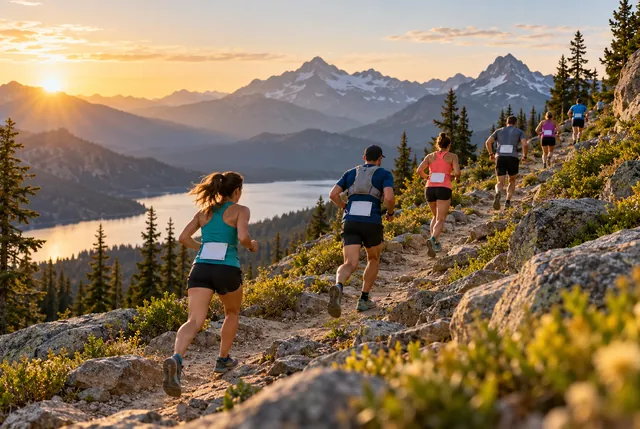 Illustrative view of small runners climbing a rocky path with layered mountain peaks.