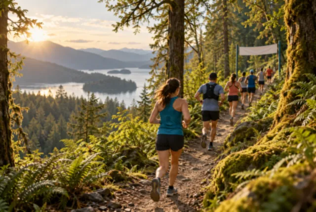 Illustrative view of single-file runners on a narrow trail between ferns and mossy trunks.