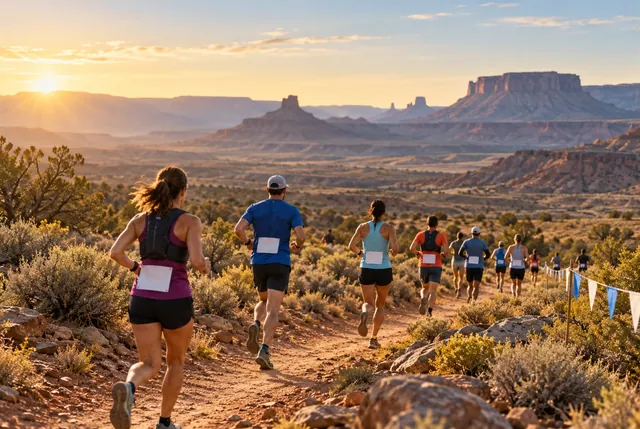 Illustrative view of tiny runners crossing open high desert terrain beneath distant mesas.