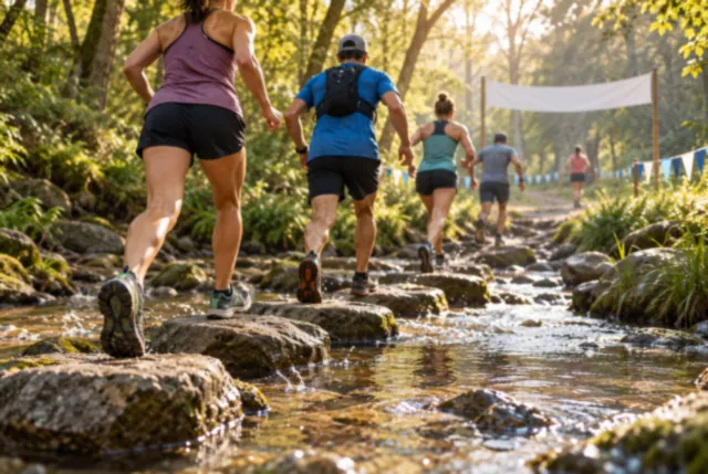 Illustrative view of small runners crossing a shallow woodland creek on stepping stones.